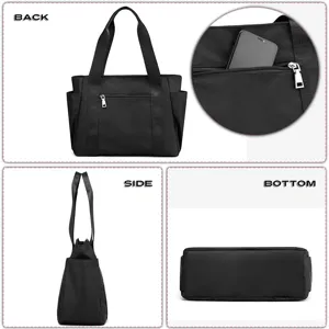 Lightweight black tote bag, travel shoulder handbag, casual daily commuter sports luggage bag.