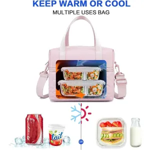 Pink insulated lunch bag for women, waterproof nylon cooler bag with adjustable strap.