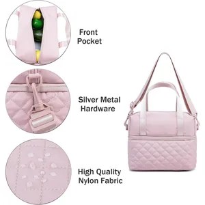 Pink insulated lunch bag detail featuring front pocket, silver hardware and nylon fabric.