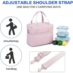 Pink insulated lunch bag with adjustable shoulder strap, dual layer cooler bag for meal prep.