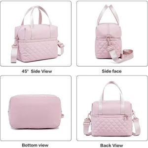 Pink quilted insulated lunch bag multi-view detail showcasing nylon material and strap.