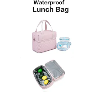 Detailed view of pink insulated waterproof lunch bag with interior foil and containers.