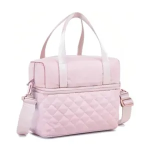 Pink insulated lunch bag for women, waterproof nylon cooler bag with crossbody strap and handles.