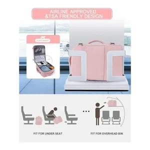 Zaino da viaggio rosa approvato per compagnie aeree con pratico scomparto per laptop.