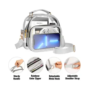 Borsa a tracolla trasparente in PVC con manico robusto e tracolla regolabile per uso quotidiano.