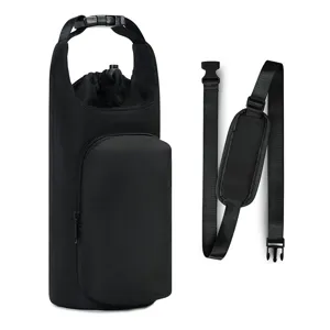 Black insulated water bottle sleeve bag with crossbody strap for outdoor travel convenience.