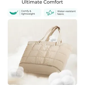 Waterproof quilted puffer tote bag for women, lightweight travel shoulder bag with zipper.