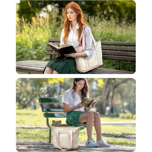 Outdoor park scene detail showing canvas tote bag with pink trim, compartments, and dual straps.