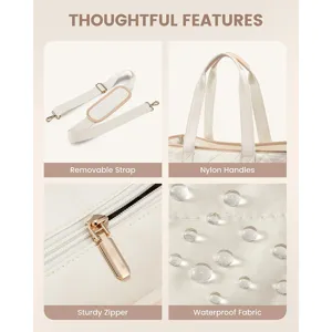 Quilted tote bag detail: removable strap, nylon handles, sturdy zipper and waterproof fabric.