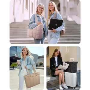 Quilted puffer tote bag detail, casual lightweight shoulder handbag for women travel commute