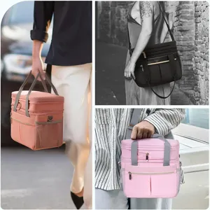 Borsa termica a doppio strato per donna, borsa portatile isolata con spallacci e tasche pratiche.