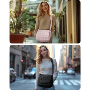 Detailed view of stylish women's quilted puffer crossbody messenger bag with adjustable strap.