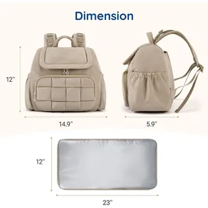 Beige καπιτονέ τσάντα αλλαξιέρα πλάτης με στρωματάκι, λεπτομερής προβολή διαστάσεων.