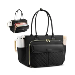 Black quilted women commuter tote bag with side pockets and multi-compartment interior.