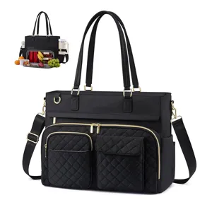 Large capacity black quilted tote bag with insulated lunch compartment and laptop sleeve for women
