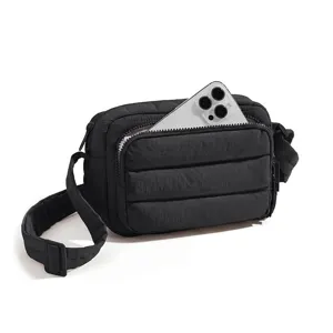 Women quilted crossbody bag, black puffer shoulder bag, fashion portable travel handbag.