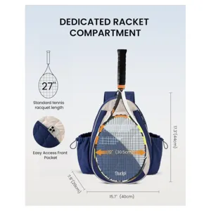 Mochila de tenis multifuncional con compartimento dedicado para raqueta, elegante.