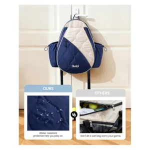 Mochila de tenis impermeable con diseño acolchado, amplios compartimentos y bolsillos laterales.