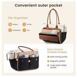Detailed view of the multi-compartment commuter tote bag with outer pockets and file organizer.