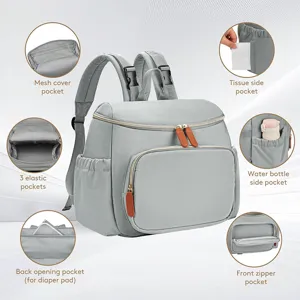 Multifunctional grey diaper backpack with multiple pockets, lightweight and durable for mom.