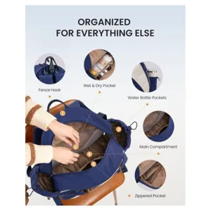 Vista detallada que muestra compartimentos funcionales, bolsillo impermeable y gancho.