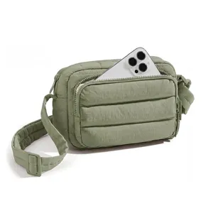 Green quilted crossbody puffer bag for women casual daily shoulder bag lightweight