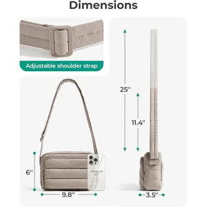 Detailed view of the quilted crossbody bag showing dimensions and adjustable strap features.