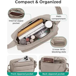 Quilted crossbody bag detail view showcasing the spacious main compartment and multi pockets.