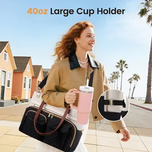 Detailed view of large quilted tote lunch bag with 40oz cup holder and laptop compartment