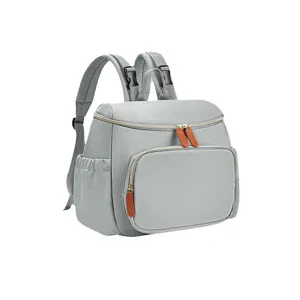 Grey diaper backpack, stylish lightweight multi-pocket mommy travel bag for baby care essentials.