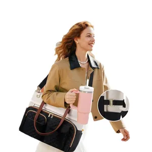 Large capacity quilted tote bag for women with insulated lunch compartment and strap.