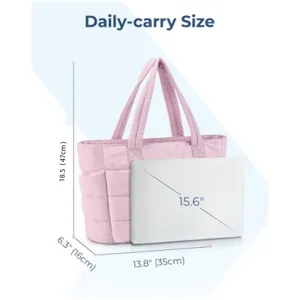 Pink puffy tote bag detail view showing daily-carry size, spacious capacity for 15.6 inch laptop.