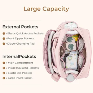 Detailed view of the pink large capacity diaper bag showing internal and external compartments.