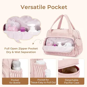 Pink diaper bag travel mommy bag multi-pocket baby tote bag with pacifier case