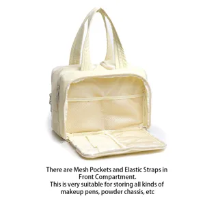 Sac de voyage cosmétique jaune clair, grande capacité avec poches en filet pour le maquillage.
