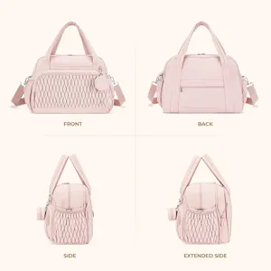 Pink quilted diaper bag multi-angle detail view showing front, back and side pockets.