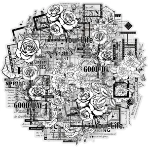 Vintage Line Art Rose English PET Stickers Black And White Film Frame Journal DIY Decorative Material Stationery