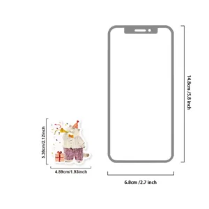 Cute cat celebration sticker size guide chart showing product dimensions for phone decoration.
