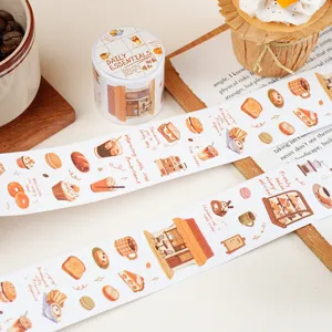 Close-up detail of cafe food themed washi tape, featuring cute illustration patterns for journaling.
