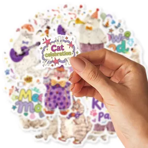 Detailed view of cute cat celebration stickers for journaling, phone cases, and crafts.