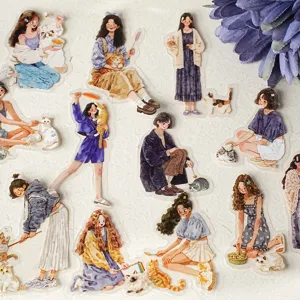 Detailed close-up of cute hand-drawn watercolor girl and cat transparent decorative stickers.
