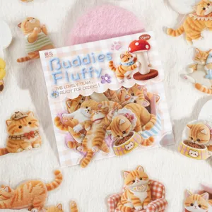 Joli set d'autocollants mignons chat orange pelucheux, style feutre de laine étanche DIY.