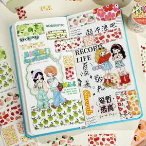 Decorative washi tape and sticker set for journaling, featuring cute fruit and anime girl designs.