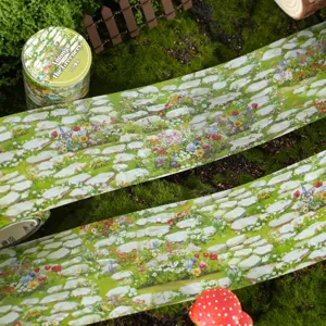 Decorative washi tape featuring a stone path and blooming garden design, ideal for DIY crafts.