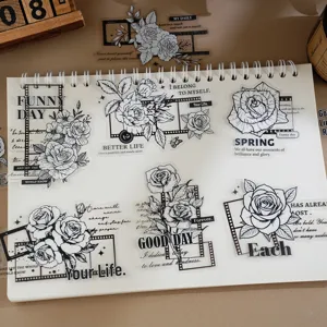 Vintage line art rose English stickers black and white film frame material for journal DIY