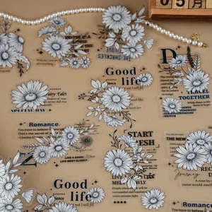 Vintage black and white daisy floral PET stickers for journal scrapbooking DIY decor.