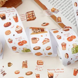 Cute food theme washi tape detail showing bread and coffee illustrations for journaling.