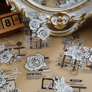 Detailed close-up of retro line art rose transparent stickers with film border design.
