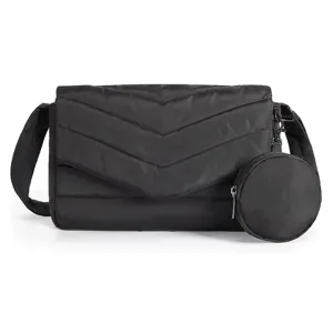 Black quilted crossbody bag for women with round coin purse and adjustable shoulder strap
