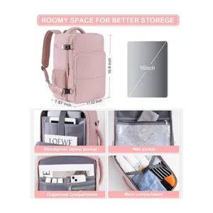 Zaino da viaggio rosa con scomparto per laptop da 16 pollici, grande capacita per bagaglio a mano.